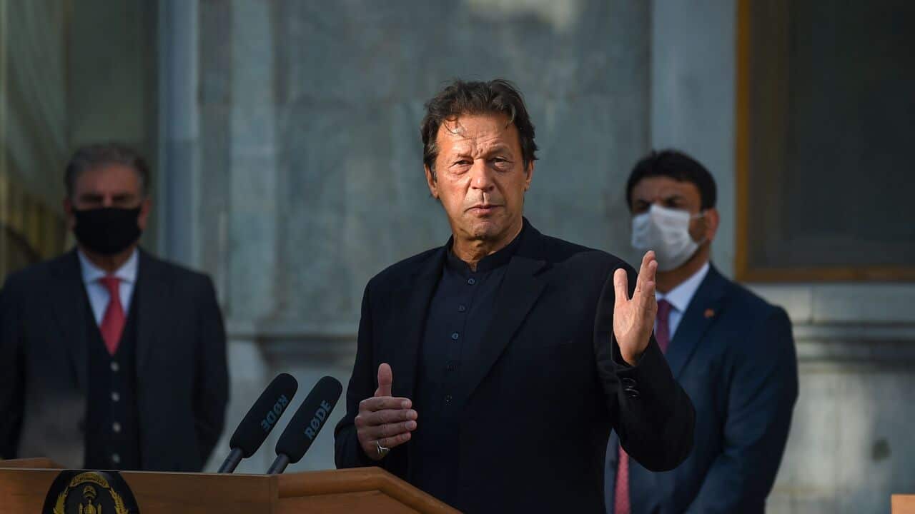 Pakistan Prime Minister Imran Khan speaking at a podium