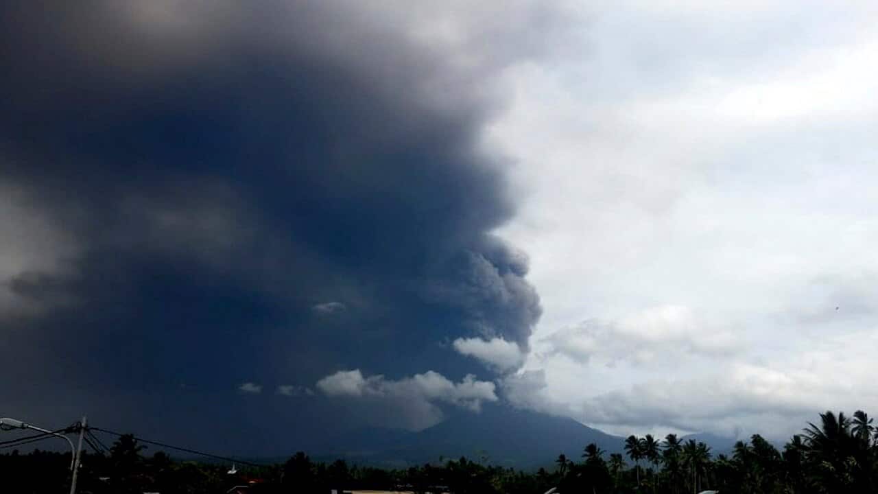 Mount Soputan spewing hot ash in Minahasa, North Sulawesi, Indonesia.