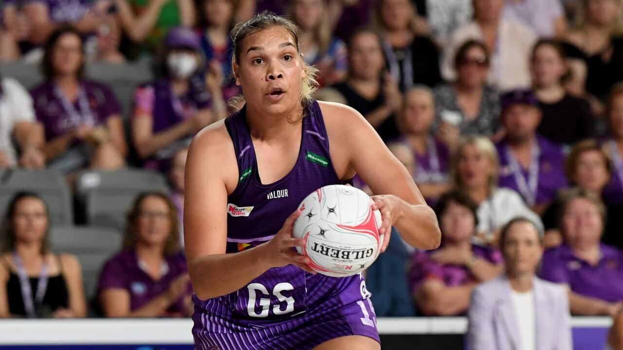 Donnell Wallam of the Firebirds in action during the Round 3 Super Netball match between the Queensland Firebirds and West Coast Fever at Nissan Arena in Brisbane, Sunday, April 10, 2022. (AAP Image/Darren England) NO ARCHIVING, EDITORIAL USE ONLY