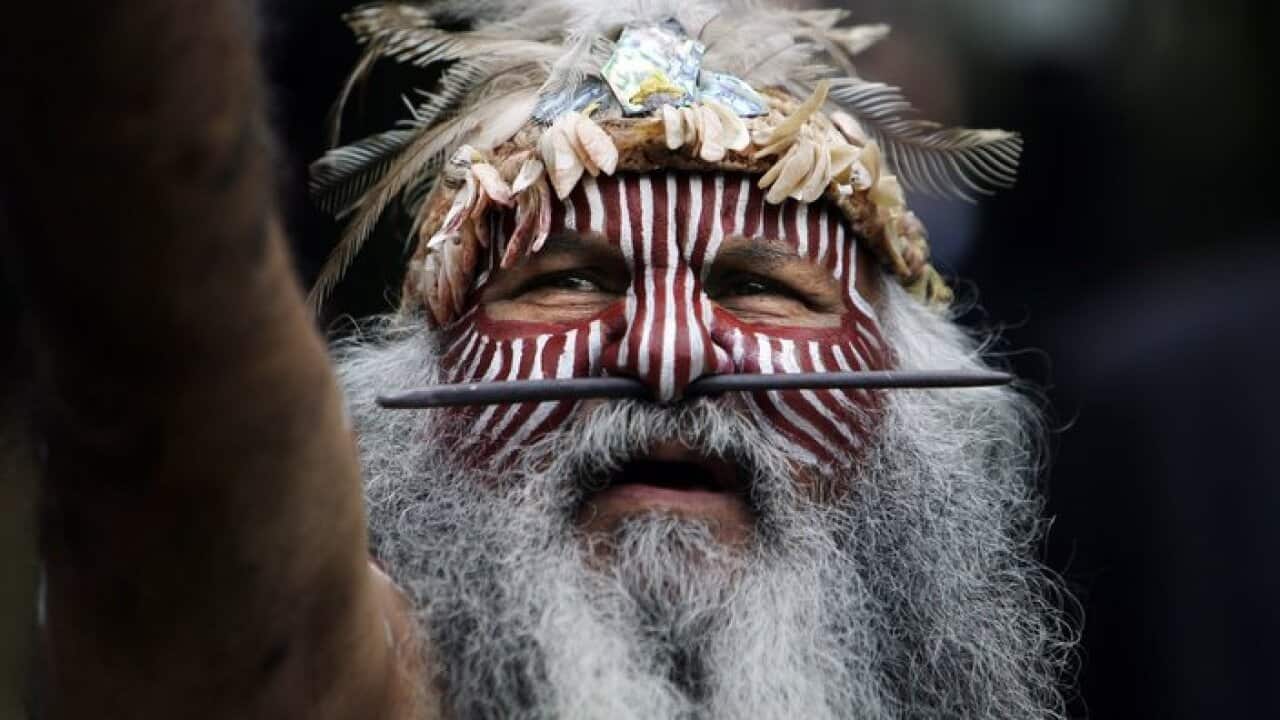 Aboriginal Ngarrindjeri elder Major Sumner from South Australia in traditional costume (AAP)