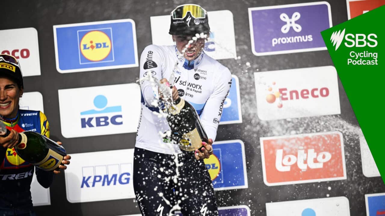 Dutch Lorena Wiebes of SD Worx-Protime celebrates on the podium with champagne after winning the women elite 'Gent-Wevelgem - In Flanders Fields' one day cycling race, 169.1 km from Ieper to Wevelgem, Sunday 30 March 2025. BELGA PHOTO JASPER JACOBS (Photo by JASPER JACOBS/Belga/Sipa USA)