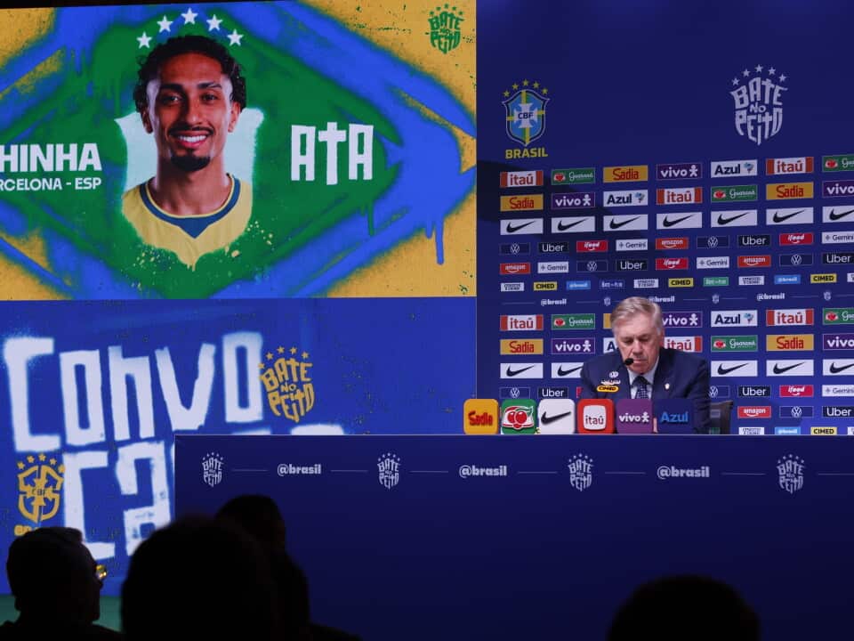 Brazil's head coach Carlo Ancelotti speaks at a press conference during the announcement of the Brazilian national team's squad for the upcoming matches against Australia
