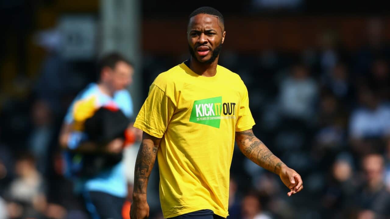 Raheem Sterling of Manchester City wears a kick it out anti-racism shirt