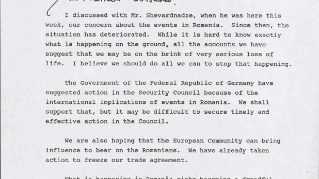 The never-before-seen letter from British Prime Minister Margaret Thatcher to Soviet Union President Mikhail Gorbachev, dated 22 December 1989