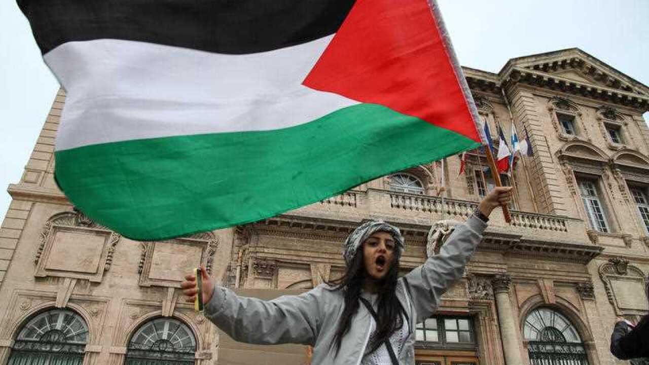 A woman protester shouts and holds a palestinian flag during a protest for the International day of solidarity with the Palestinian people in Marseille