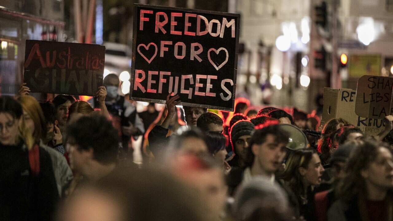 People march for refugees in Melbourne in April, after asylum seekers brought to Australia under Medevac laws were transferred from Brisbane to Melbourne.