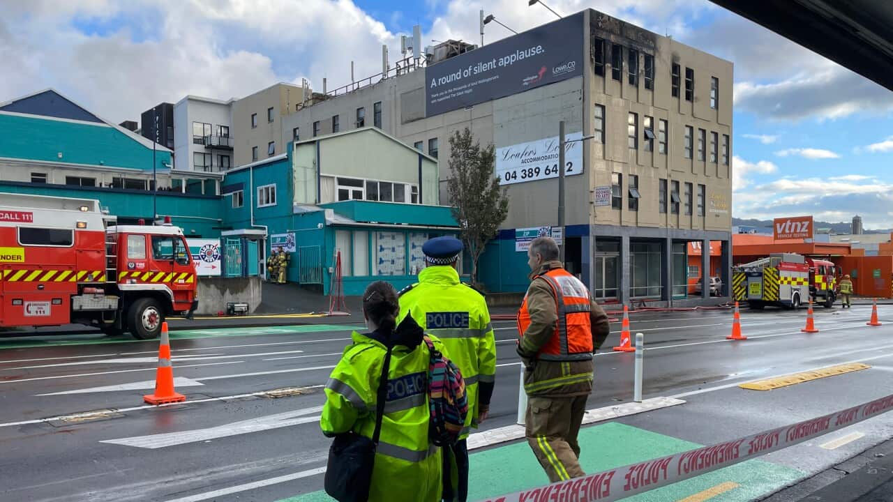 A woman and two men look at a building that's caught across the street.