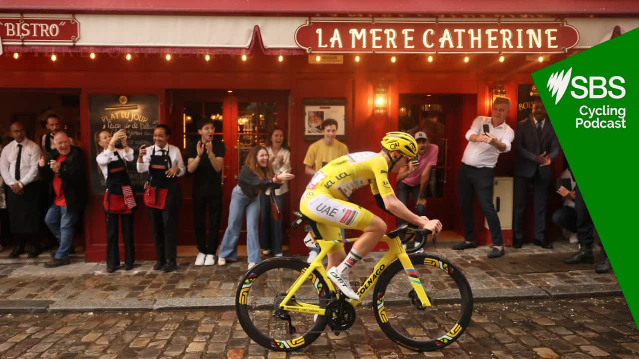 Slovenia's Tadej Pogacar, wearing the overall leader's yellow jersey, pedals at the Place de Tertre in the Montmartre district, during the last stage of the Tour de France cycling race between Mantes-la-Ville and Paris, Sunday, July 27, 2025 in Paris (AP Photo/Thomas Padilla)