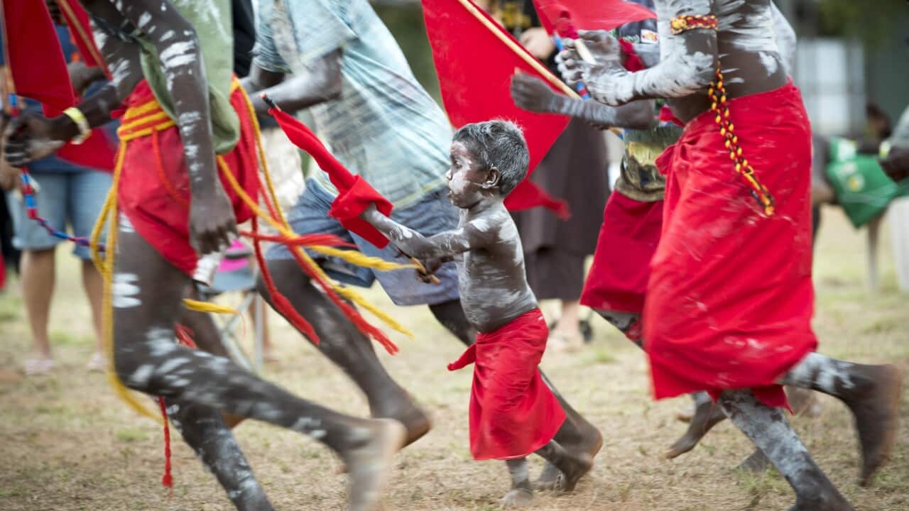 Members of the Yolngu clans perform ceremonial bunggul dances during the Garma Festival in northeast Arnhem Land on Saturday, August 5, 2017.