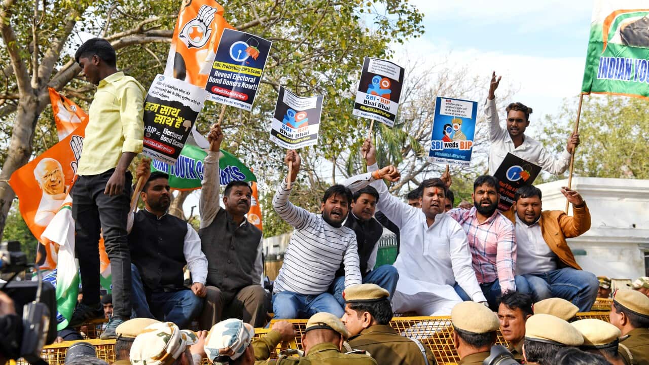 Indian Youth Congress workers protest demanding SBI to reveal the names of Electoral Bond donors