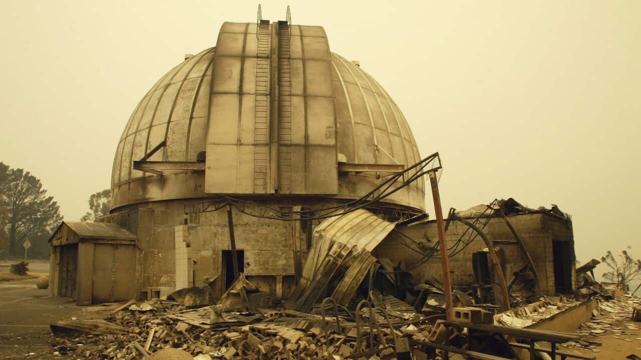 The 74 inch telescope at Mt Stromlo Observatory built in 1922 lays gutted by the fires