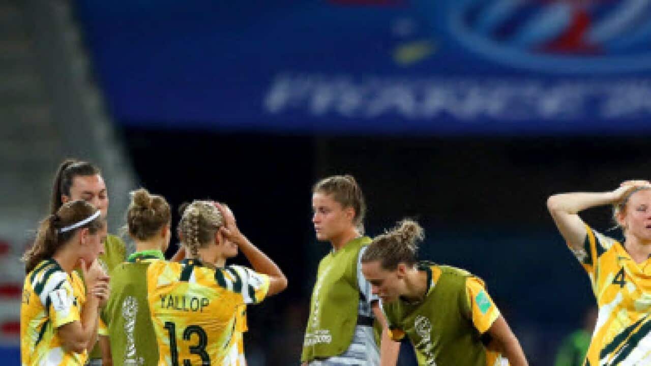 The Matildas look dejected following their defeat in the penalty shootout to Norway at the FIFA Women's World Cup (Getty Images)