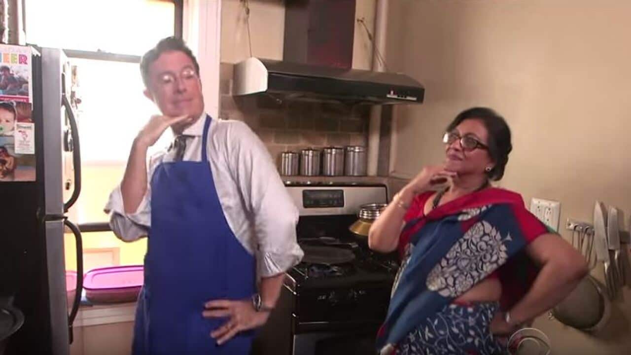 colbert learning to cook indian food