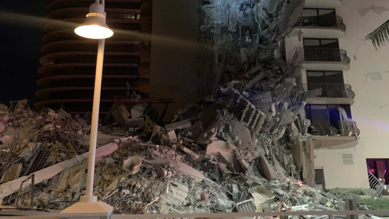The scene of a partial building collapse in Surfside, Miami.