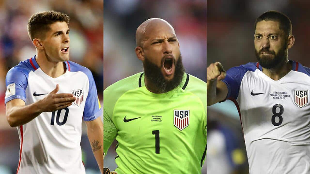 Christian Pulisic (L), Tim Howrad (C) and Clint Dempsey (R)