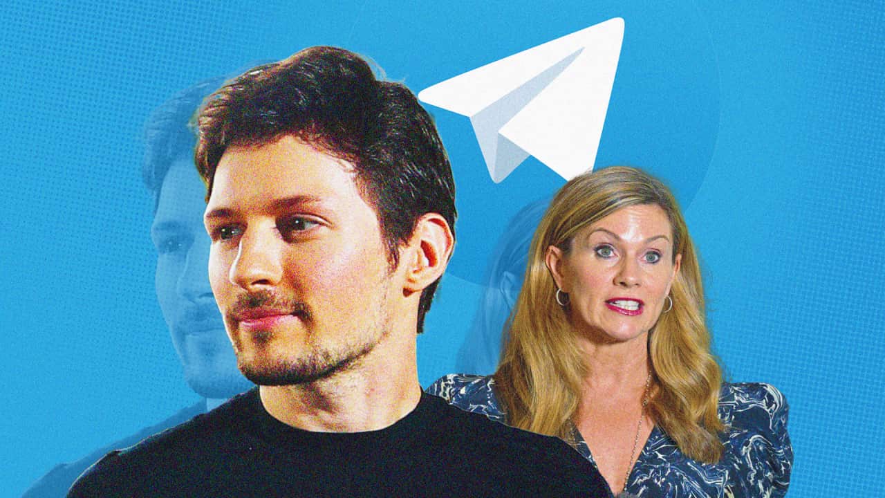 A design showing Australia's esafety Commissioner Julie Inman Grant, Telegram founder Pavel Durov and the Telegram logo in the background.