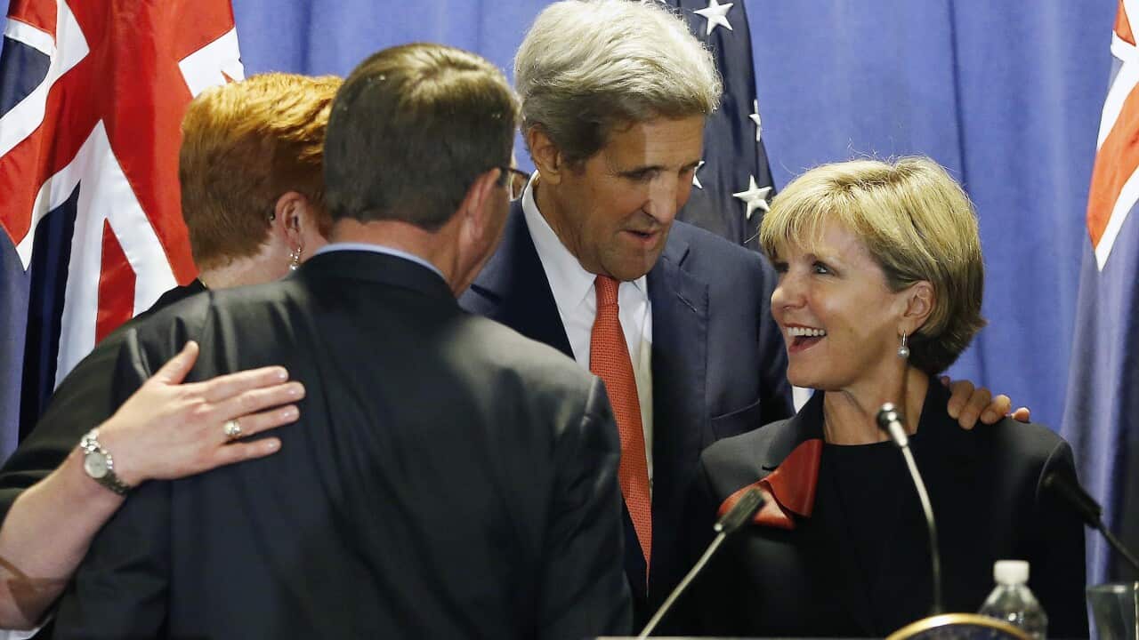 Secretary of State John Kerry, second from right, stands with Australia's Foreign Minister Julie Bishop, right (AP)