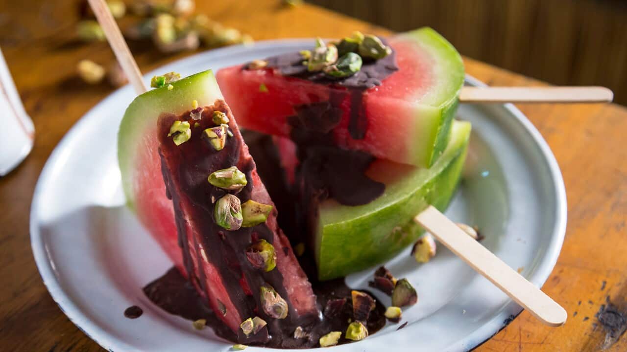 Watermelon iceblocks with dark chocolate drizzle