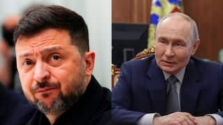 A side by side image of Ukrainian president Vlodomir Zelenskyy and Russian president Vladimir Putin.