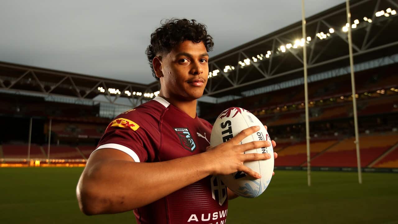 Selwyn Cobbo poses for a photo during a Queensland Maroons team announcement for Game I of the 2022 State of Origin series at Suncorp Stadium in Brisbane, Monday, May 30, 2022. (AAP Image/Jono Searle) NO ARCHIVING