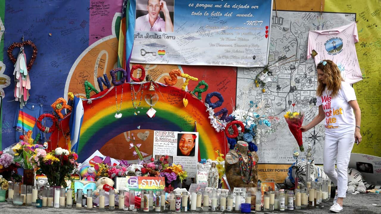 Memorials are being placed by mourners out the front of Pulse nightclub in Orlando.