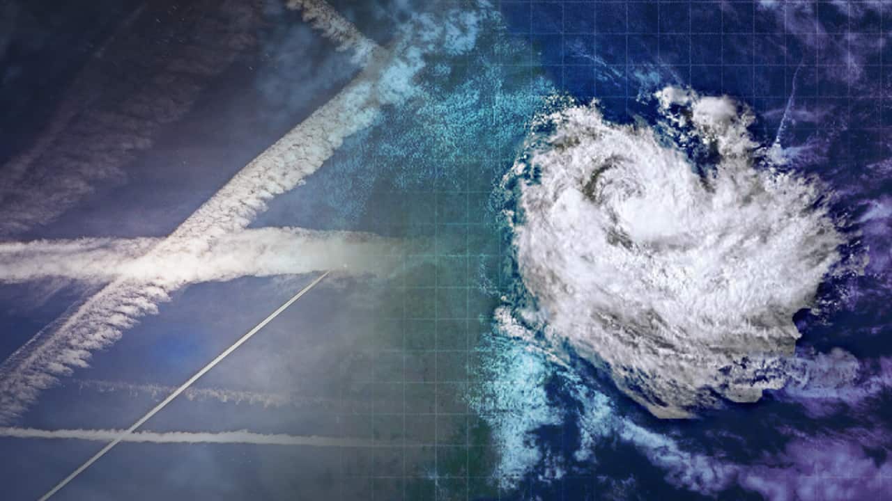 An image of chemtrails from planes overlayed on an image from above of TC Alfred approaching the Australian coast.