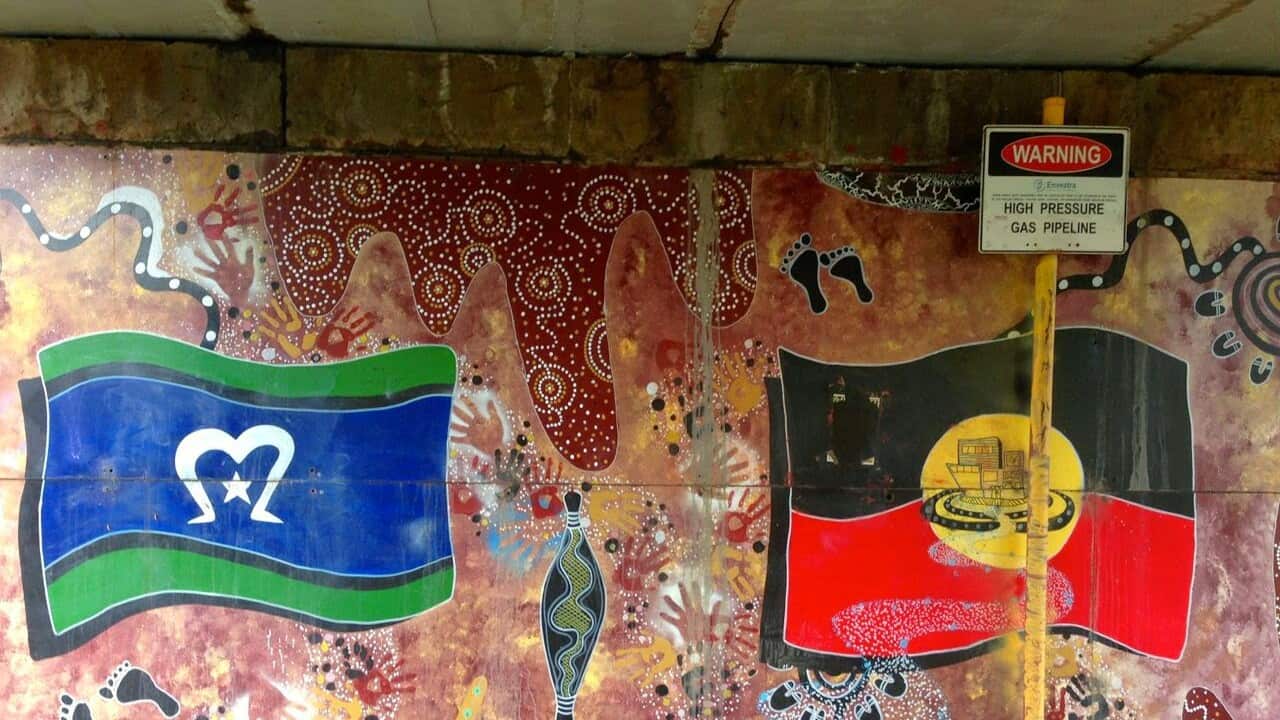 Torres Strait Islander Flag and the Aboriginal flag an underpass in Merri Parade, Northcote Melbourne