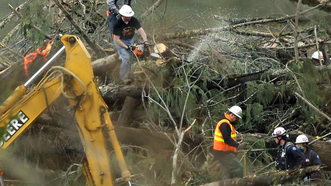 A worker cuts through debris with a chainsaw after a US mudslide