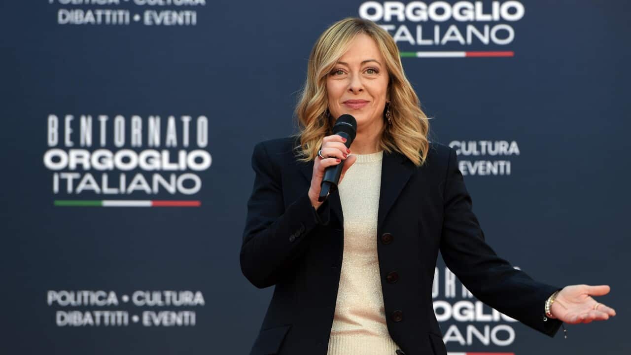 Italian Prime Minister Giorgia Meloni speaks during the last day of the Atreju 2023 political festival in the gardens of Castel Sant'Angelo in Rome, Italy, 17 December 2023.