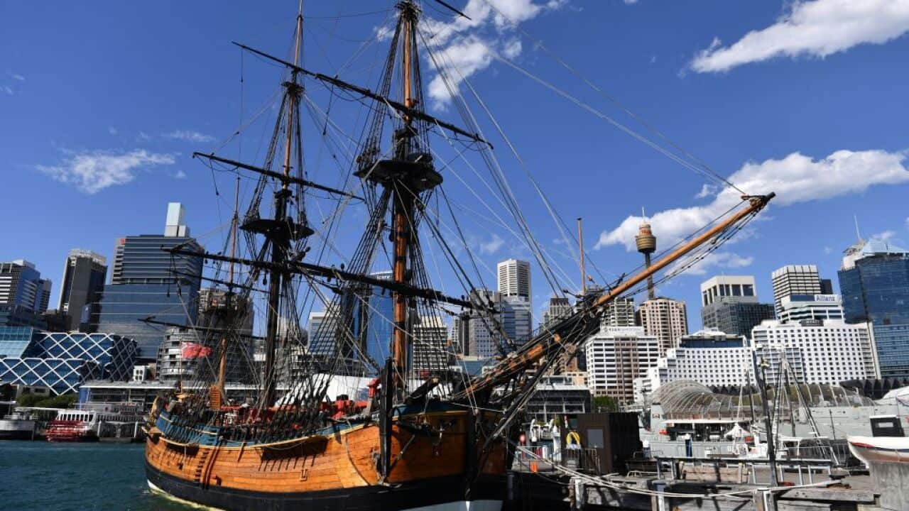 A replica of Captain Cook's ship Endeavour at the Australian National Maritime Museum in Sydney.
