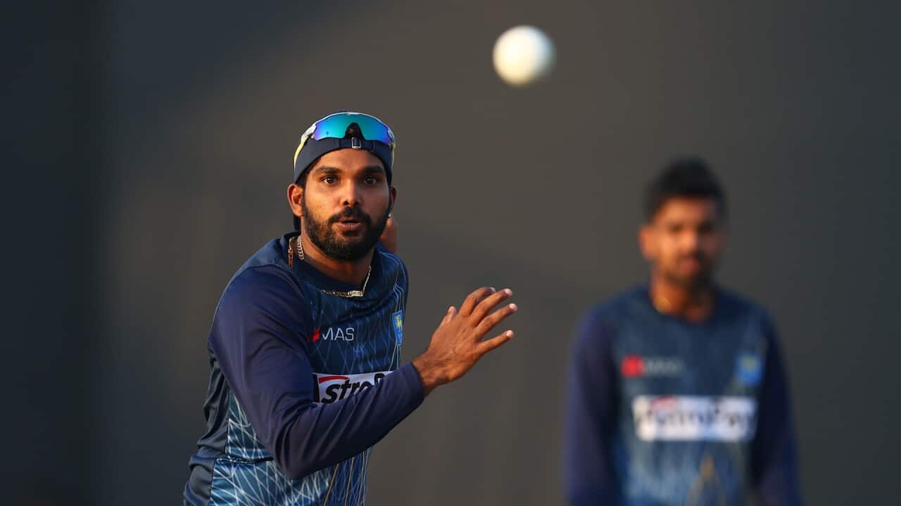 SHARJAH, UNITED ARAB EMIRATES - NOVEMBER 01: Wanindu Hasaranga of Sri Lanka warms up ahead of the ICC Men's T20 World Cup match between England and Sri Lanka at Sharjah Cricket Stadium on November 01, 2021 in Sharjah, United Arab Emirates.