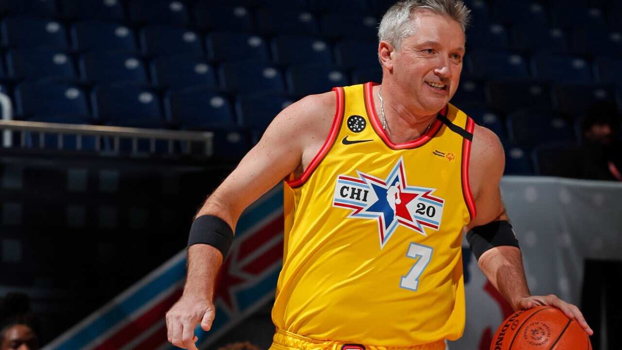 CHICAGO, IL - FEBRUARY 14: Toni Kukoc #7 of the Yellow Team dribbles the ball during NBA Cares Special Olympics Unified Game as part of 2020 NBA All-Star Weekend on February 14, 2020 at Wintrust Arena in Chicago, Illinois.