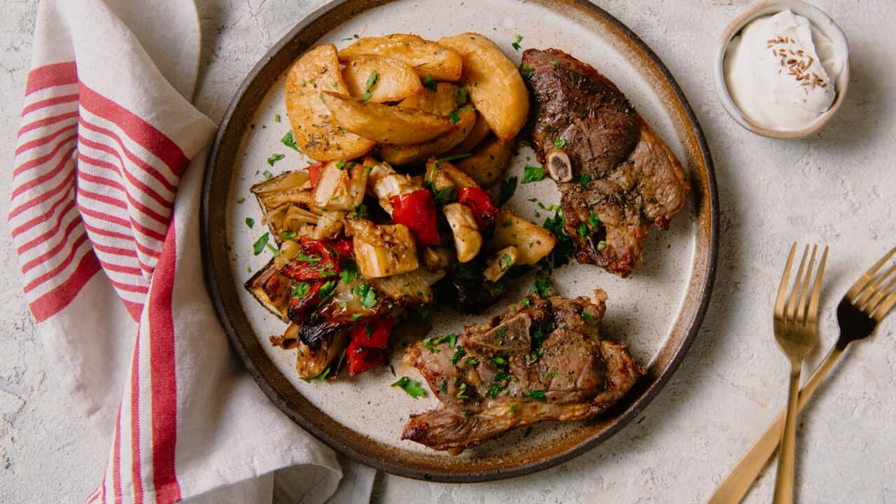 Middle Eastern lamb tray bake