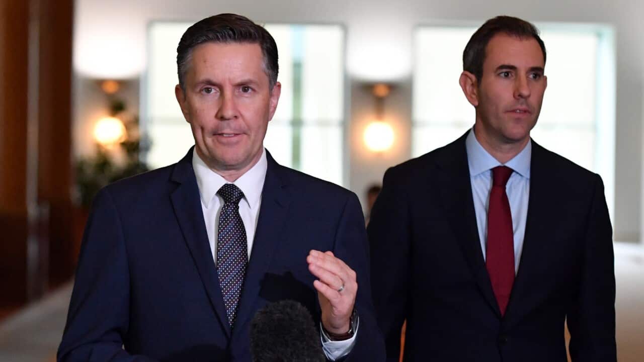 جیم چالمرز خزانه دار (سمت راست) و مارک باتلر وزیر بهداشت استرالیا