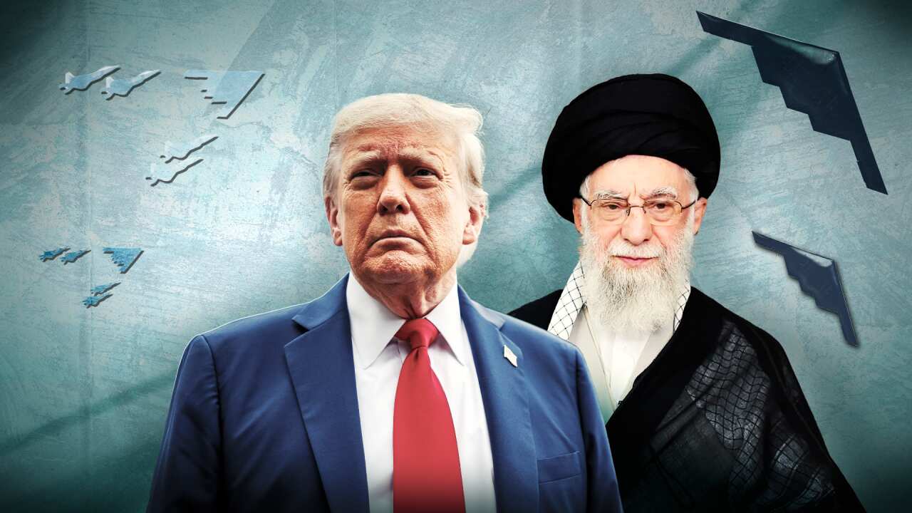Cutout images of Donald Trump and Ayatollah Ali Khamenei superimposed in front of a light blue background with jets.