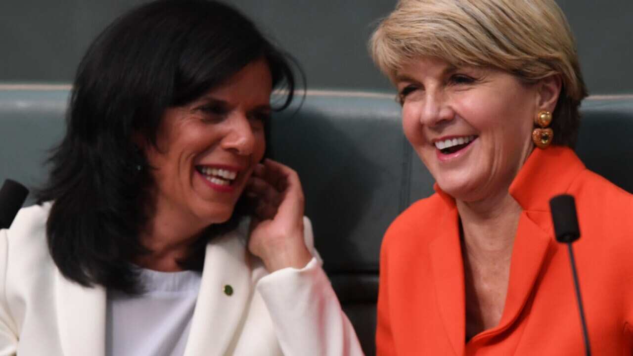 Julia Banks, left, and Julie Bishop in parliament