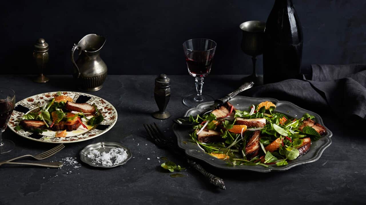 Mandarin red braised crisp pork belly salad
