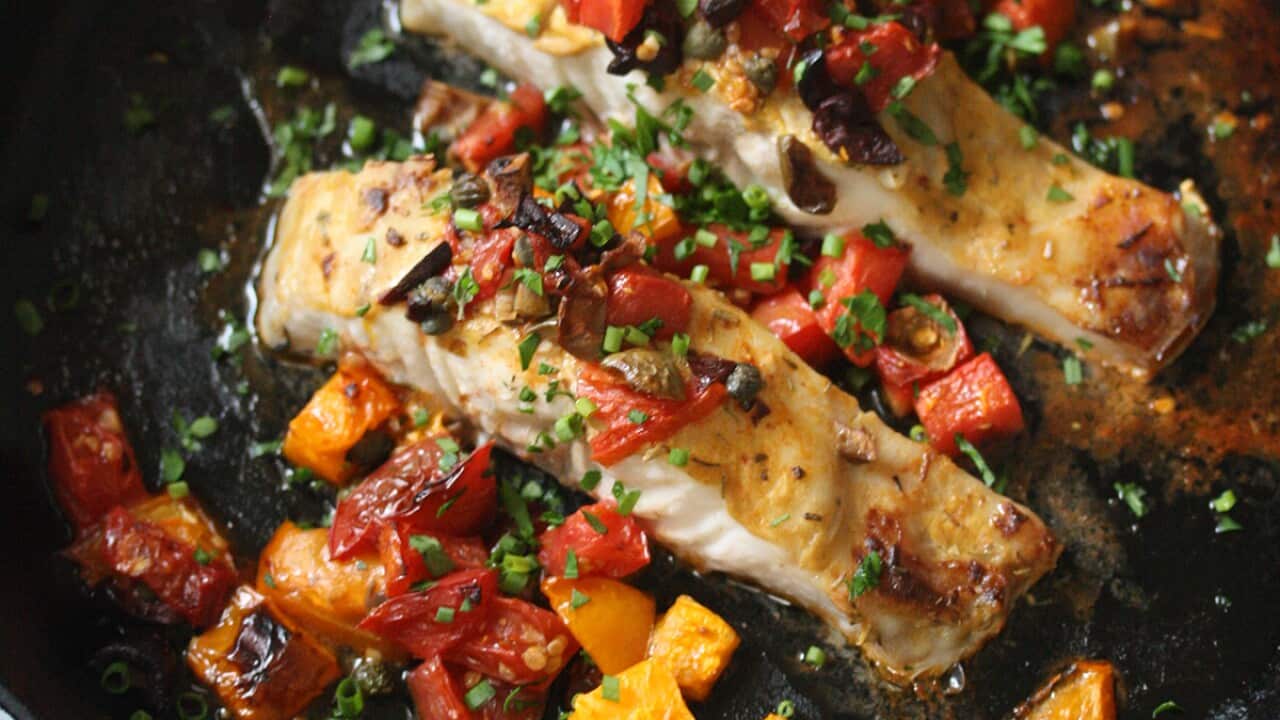 Grilled fish with Provencal tomatoes and olives