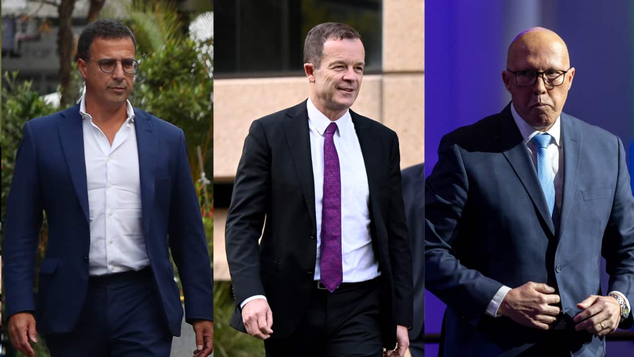 A three-way composite image showing three men wearing dark suits.