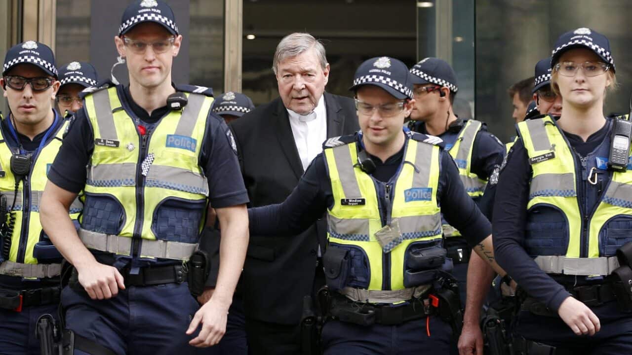 Australia's most senior Catholic Cardinal George Pell departs the County Court of Victoria in Melbourne, Wednesday, May 2, 2018.