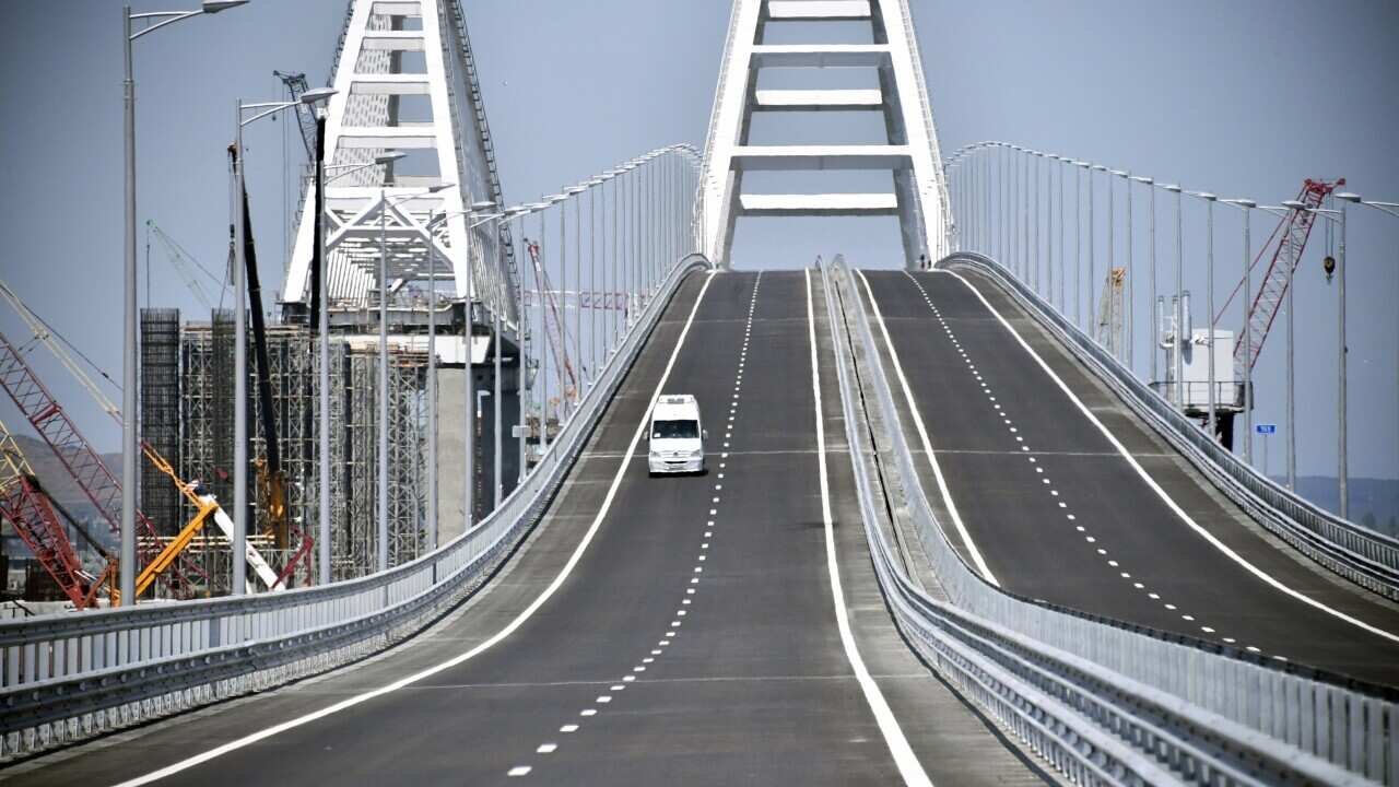 A view of the new bridge linking Russia and the Crimean peninsula prior to its opening ceremony near Kerch, Crimea, Tuesday, May 15, 2018.