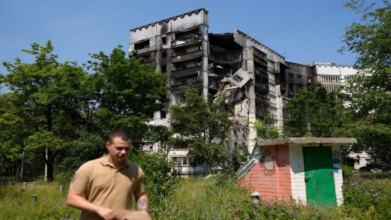 A residential complex damaged by Russian bombardment is pictured in the Saltivka district of Kharkiv