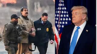 A man in custody being walked by security personnel and the US president to the right looking at him