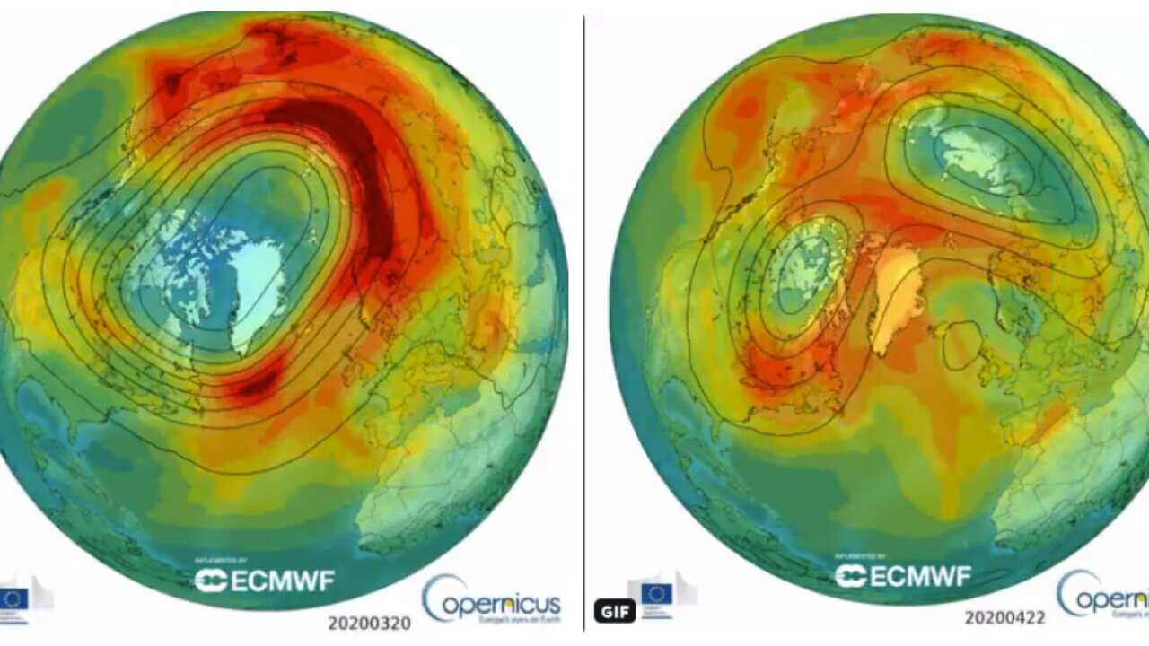 Before (L) and after. Ozone "hole" on 20 March and 22 April.