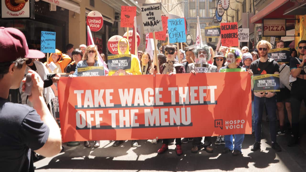 A protest staged by Hospo Voice in Degraves Street, Melbourne in October, 2018.