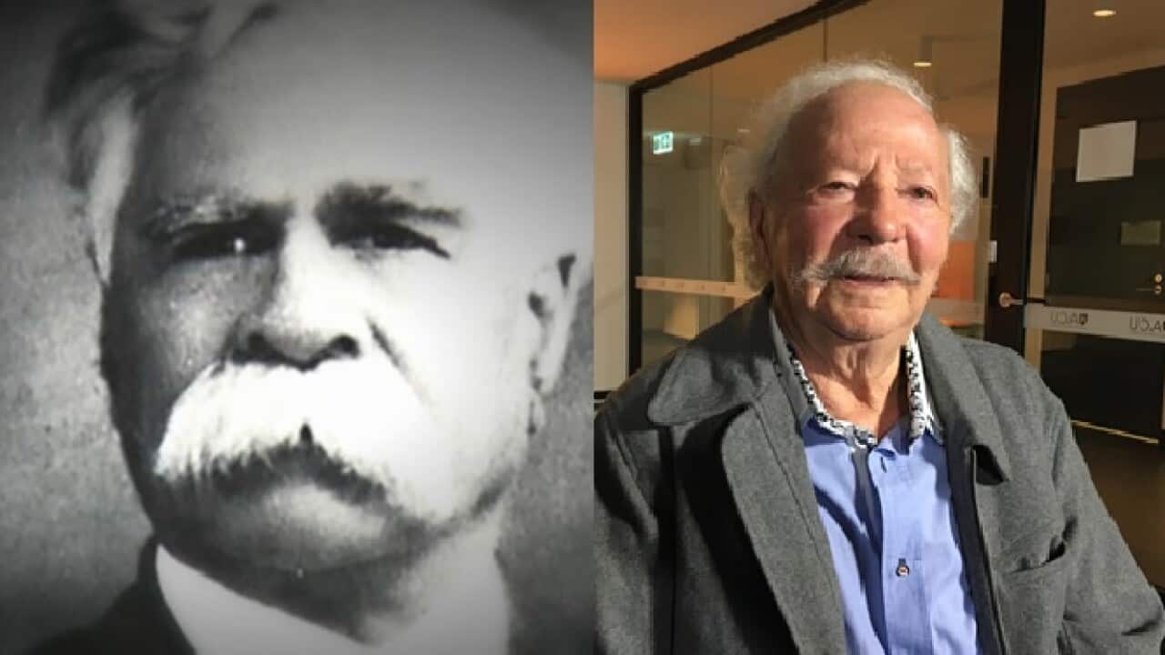 Kristallnacht survivor Henri Korn (centre) meets Alfred Turner (right), the grandson of Aboriginal activist William Cooper (left). 