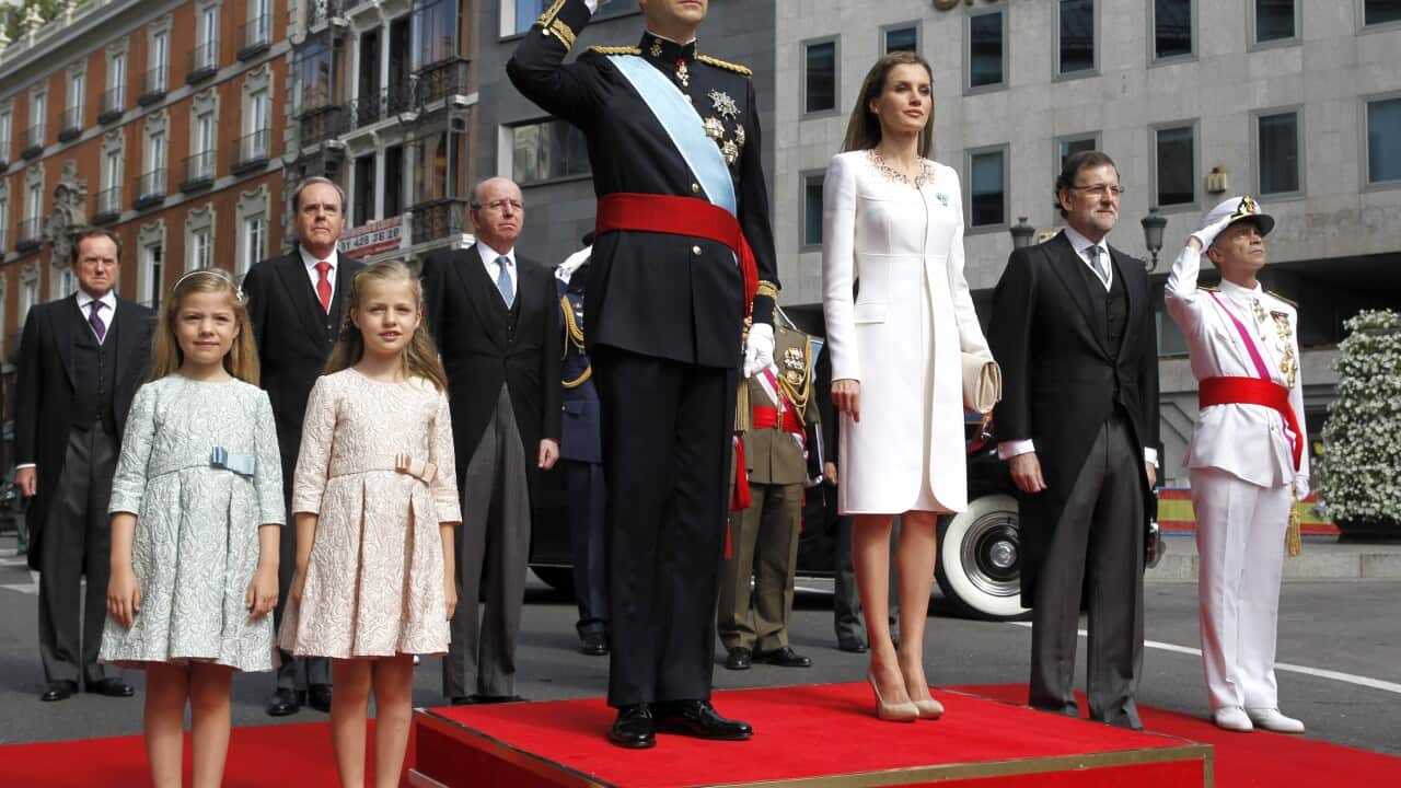 Princess Sofia, Princess Leonor, Princess of Asturias, King Felipe VI, Queen Letizia, Prime Minister Mariano Rajoy and General Admiral Fernando García Sanchez at the King's official coronation ceremony. (Getty)