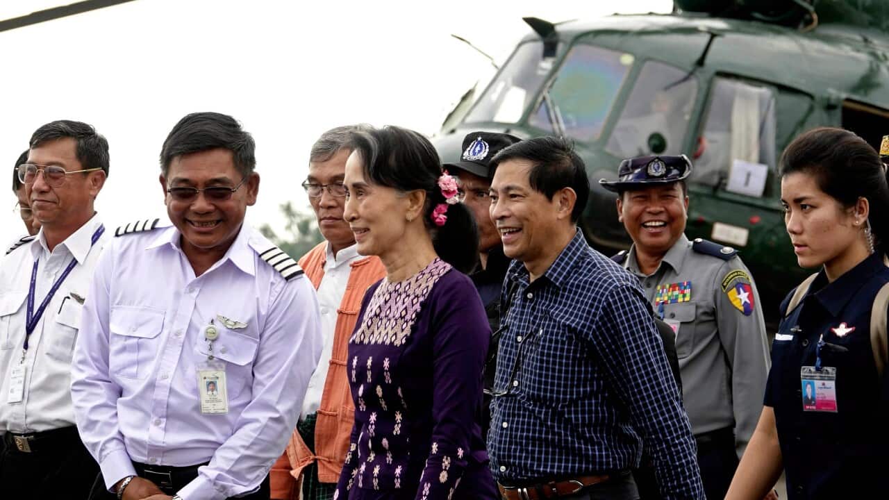 Aung San Suu Kyi arrives back from Maungdaw town to Sittwe Airport, Sittwe, Rakhine State.