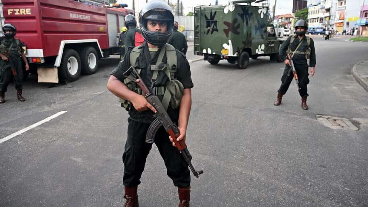 Sri Lankan soldiers secure an area near St Anthony’s Shrine, Colombo