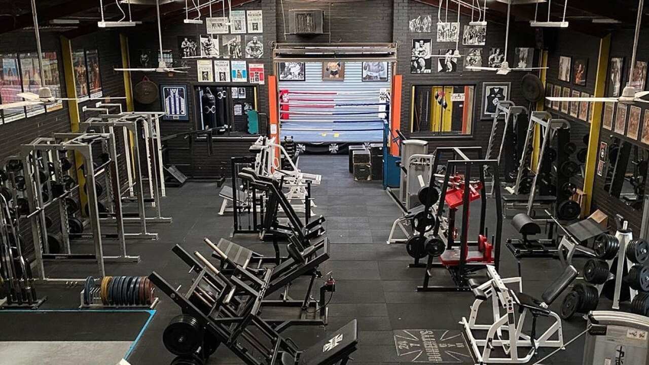 Exercise equipment on a gym floor.